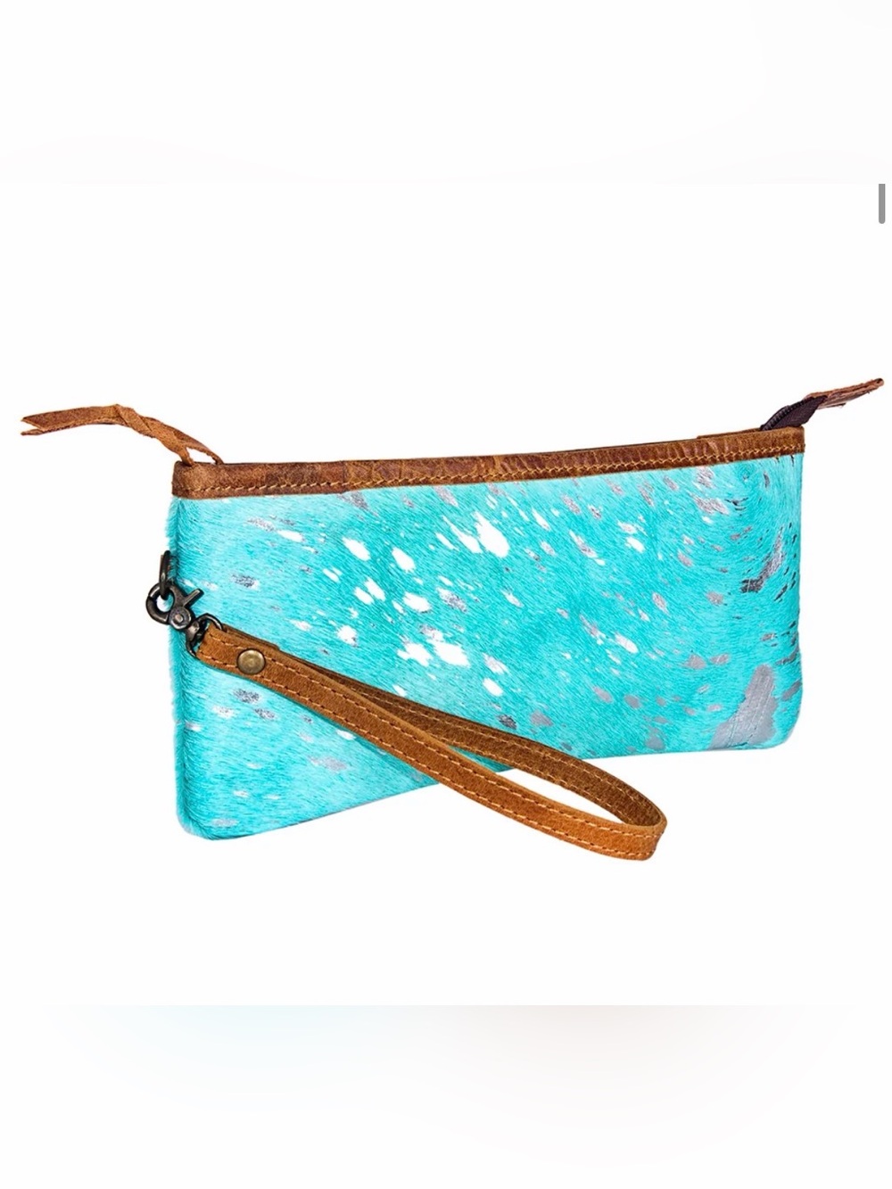Turquoise Hair-On Hide Wristlet Clutch with Brown Trim
